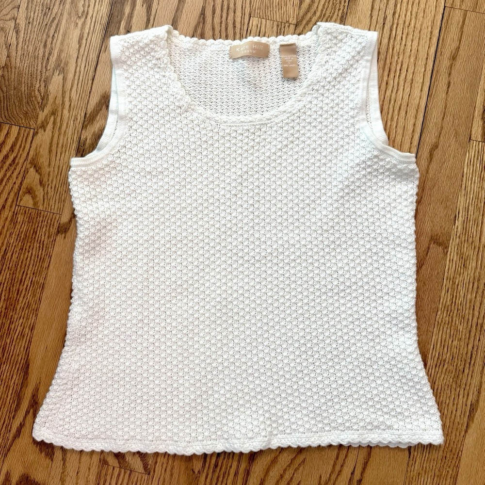Kate Hill Casual 100% Cotton Open Knit Tank Top Ivory Coastal Resort‎ Boho Small